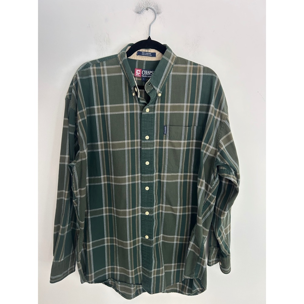 Chaps Ralph Lauren Mens‎ Green Plaid Long Sleeve Button Down Cotton Shirt L